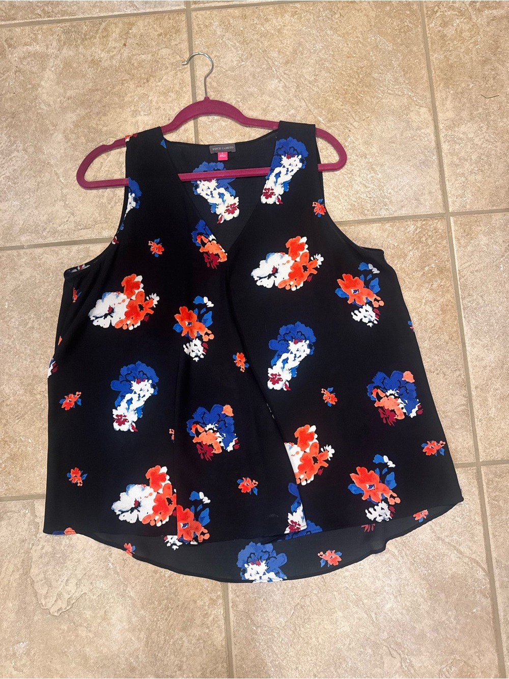 Vince Camuto Black Sleeveless Floral Surplice Tank with Red & Blue Blooms